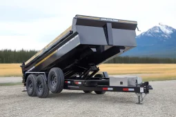 Side view of the SL714-16KHD dump trailer on a gravel lot, showcasing the dump box and frame construction.