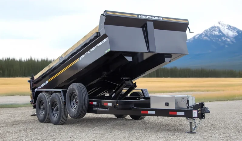 Side view of the SL714-16KHD dump trailer on a gravel lot, showcasing the dump box and frame construction.