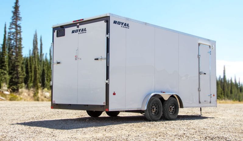 Enclosed Cargo Trailer 7.5’W x 16’L with V-Nose 86” Wall Height Rear Barn or Ramp Door 7,700 lbs. or Payload 5,389 lbs. full