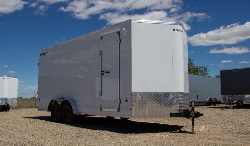 Enclosed Cargo Trailer 7.5’W x 16’L with V-Nose 86” Wall Height Rear Barn or Ramp Door 7,700 lbs. or Payload 5,389 lbs. full