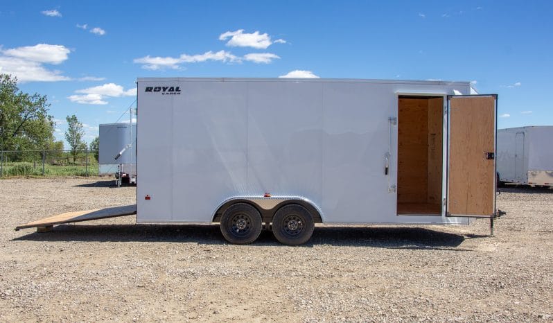 Enclosed Cargo Trailer 7.5’W x 16’L with V-Nose 86” Wall Height Rear Barn or Ramp Door 7,700 lbs. or Payload 5,389 lbs. full