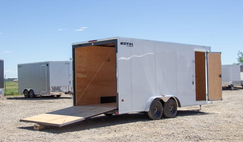 Enclosed Cargo Trailer 7.5’W x 16’L with V-Nose 86” Wall Height Rear Barn or Ramp Door 7,700 lbs. or Payload 5,389 lbs. full