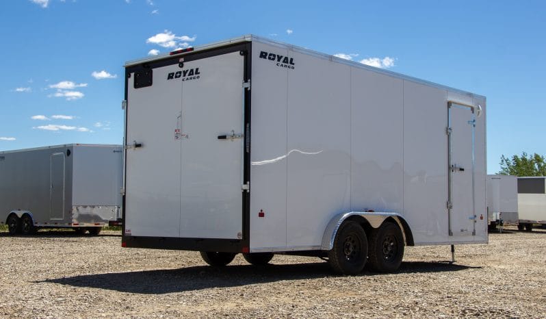 Enclosed Cargo Trailer 7.5’W x 16’L with V-Nose 86” Wall Height Rear Barn or Ramp Door 7,700 lbs. or Payload 5,389 lbs. full