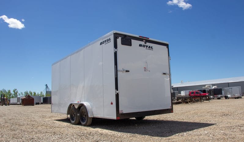 Enclosed Cargo Trailer 7.5’W x 16’L with V-Nose 86” Wall Height Rear Barn or Ramp Door 7,700 lbs. or Payload 5,389 lbs. full