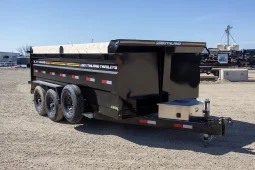 3/4 angle of the SL714-14KHS dump trailer featuring integrated 4-foot steel high sides and tandem 7,000 lb axles.