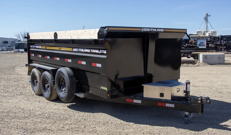 3/4 angle of the SL714-14KHS dump trailer featuring integrated 4-foot steel high sides and tandem 7,000 lb axles.